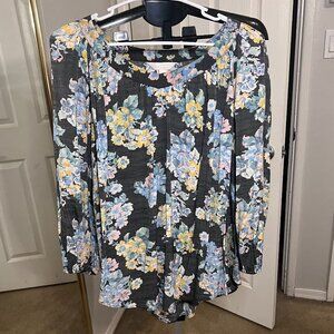 Lauren Conrad Floral Black 3/4 Sleeve Top Blouse - Size Medium